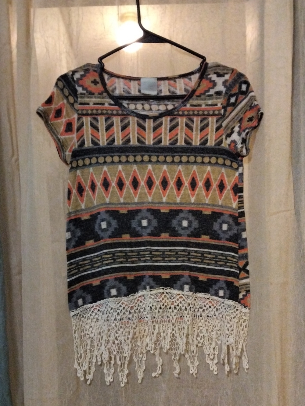 Tribal Print Crochet-Hem Mini Dress - Orange & Navy